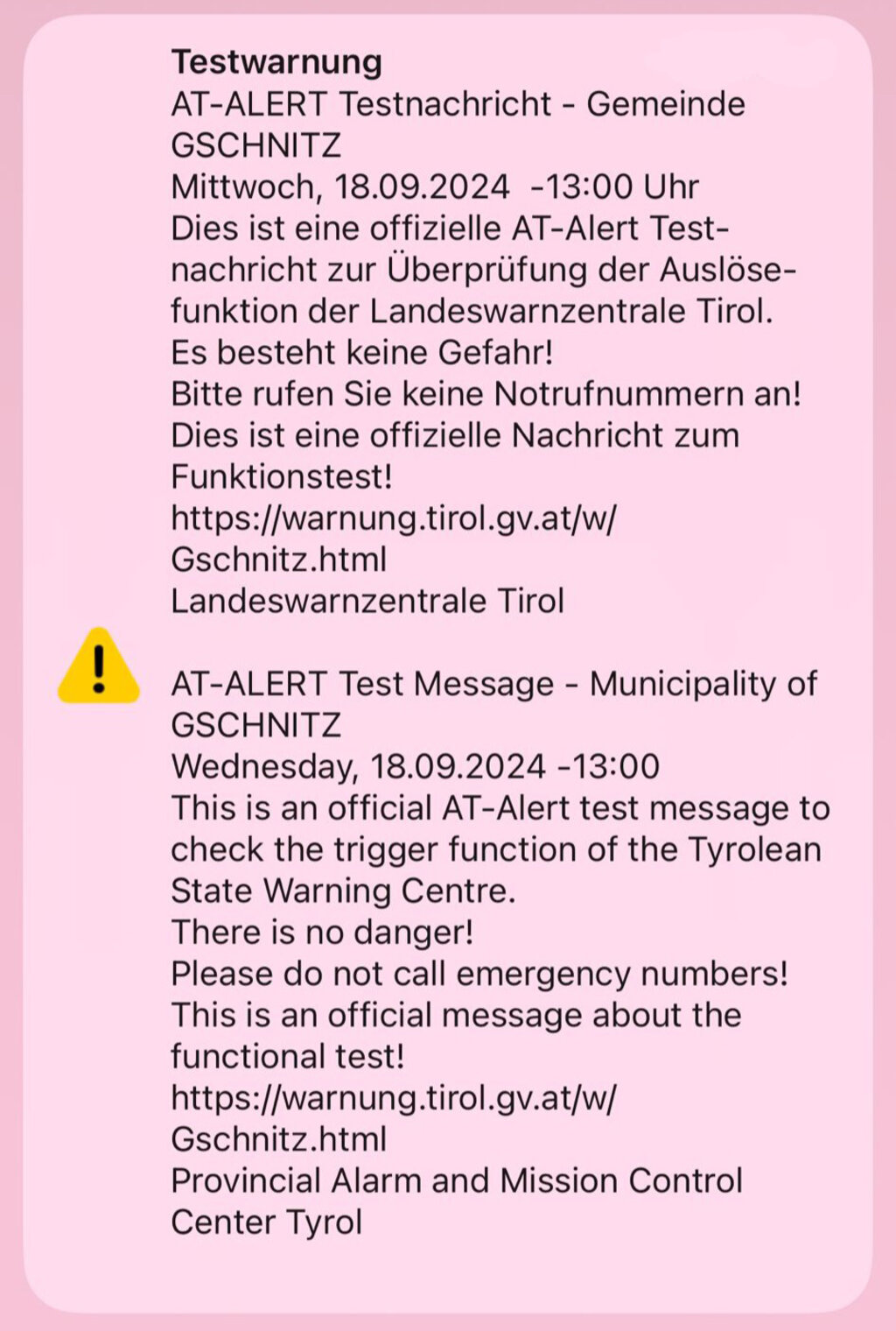 schermata di una allerta di prova a Gschnitz. 